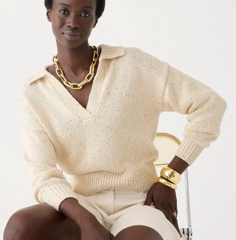 J. Crew Sequin Sweater Polo Cream Silver Sequins Long Sleeve Womens XS Neutral